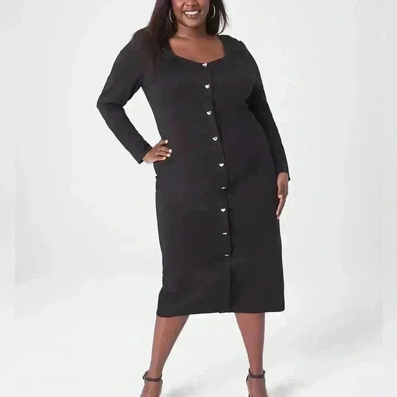 Lane Bryant Sweetheart-Neck Heart Button-Front Bodycon Black Long Sleeves - Picture 1 of 9